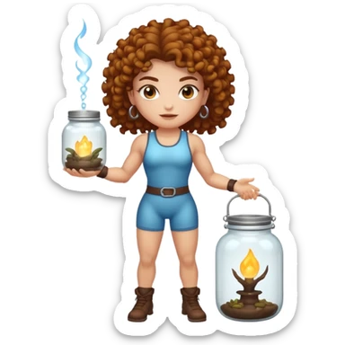 full body woman short curly brown mullet brown eyes white skin muscular build bug catcher spirit with glowing jar sticker