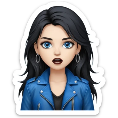 
 rockstar girl with long black disheveled hair, blue eyes, Smokey eyes grunge makeup, singing  sticker