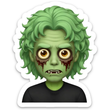 Emoji masculino de zumbi estilo iPhone,com cabelo ondulado grande, camisa preta e brincos sticker