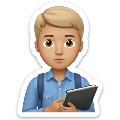 male memoji, man in casual shirt, looking up thoughtfully, holding notebook, dreamy distracted expression sticker
