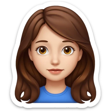 chica con el pelo castaño, muy largo, ligeramente ondulado, ojos marrón oscuro, estilo emoji de iPhone sticker