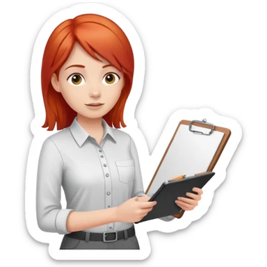Intern or volunteer with red hair holding a clipboard and pencil, ready to take notes or assist. The character wears a simple shirt and has an eager posture sticker
