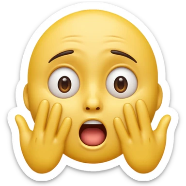 A 3D glossy yellow emoji of a shocked horrified face, with mouth and eyes are wide open, eyebrows  raised, and hands against their cheeks, face without nose, black background, high quality, soft studio lighting sticker