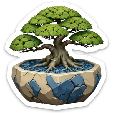 Singapore very old broken intricate Stone Age rocky-crusted dodecahedron-shaped shallow dark moss rough bark blue maple tree bonsai pot sticker
