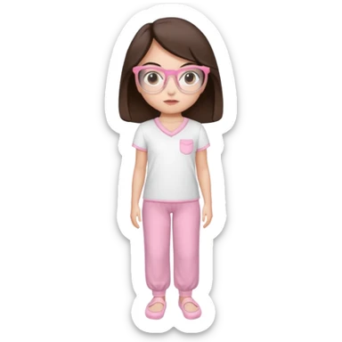 Girl with dark brown hair, light skin, brown eyes, wearing a miu miu glasses the brown ones, and wearing a top in white with a pair of pyjama pants in pink and a slipper in white  sticker