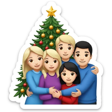Generate Christmas-style emojis  family. Where light-skinned people stand near the tree all together, hugging and smiling.  girl should be Light-haired woman, woman, black-haired woman, and 1 man . Add 4 people: Mother, Sister, Sister, Brother  sticker