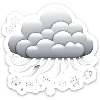 A powerful blizzard emoji icon: storm cloud with heavy swirling snow, strong wind lines, flying snowflakes, dynamic motion. White and gray tones, bold but simple shapes. sticker