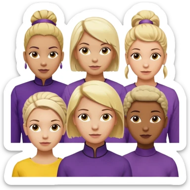 5 person team; 2 men and 3 women.  All dressed in yellow or purple.  1 caucasian woman with blonde mid length hair. 1 caucasian woman with blonde short length hair. 1 caucasian woman has ash blonde hair tied up. 1 man is African-american and bald, 1 man is caucasian and very little hair left.  
 sticker