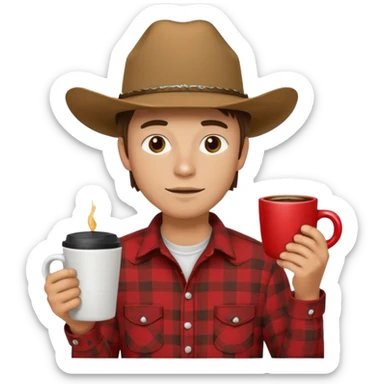 generate an ios genmoji of a 20 year old tan boy with a cowboy hat and side burns. Wearing a flannel and carrying a coffee mug sticker
