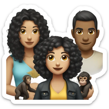 a woman with a monkey and a gorilla on her shoulder, the girl has black curly hair, light skin  sticker
