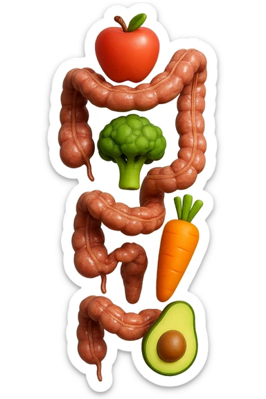 emoji stile iphone in 3d di cibo sano che fluttua in aria vericalmente insieme a pezzi di colon umano anatomico, iperrealistico 4k sticker