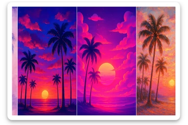 a dreamy pink paradise with palm trees, soft clouds, and a glowing sunset, in four distinct visual interpretations sticker