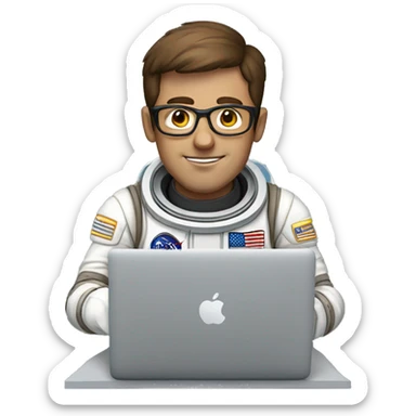 Man in glasses and an astronaut suit working on a MacBook.He has short brown hair and a friendly expression. sticker