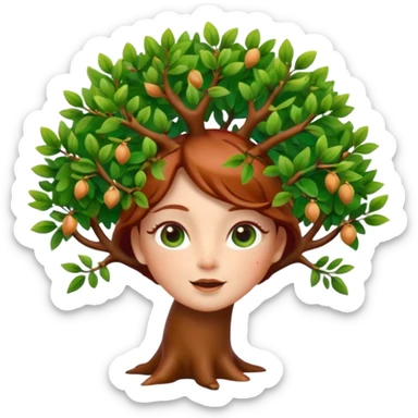 Style memoji iphone. Un petit sapin vert sylvestre, féminin, regard malicieux, tâches de rousseurs délicates, joues roses. Yeux de biche brillants en forme amande, yeux couleur ambre, tronc couleur acajou. Sapin en mouvement, incurvé pour un effet vivant. sticker