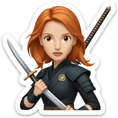 Jessica Chastain, in a ninja position with big swords sticker