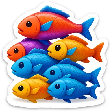 A pile of fish arranged in a pyramid formation with a shadow underneath, in the style of apple emojis, with no background, crisp emoji style with subtle shadow. sticker