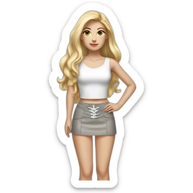hyperrealistic caucasian female, long straight blonde hair, white lace up crop top, grey tight mini skirt sticker