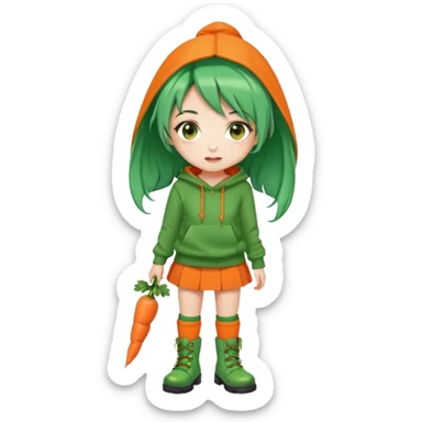 cute green-haired girl with orange eyes, wearing an orange hoodie, green skirt, orange knee socks, and green boots, with a small carrot accessory on her head, big expressive eyes, simple emoji face, round head, clean vector style sticker