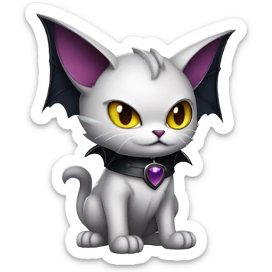  cool edgy fantasy dark-themed animal vampiric cat-hybrid Fakemon with fangs and bat-wing-ears with a collar full body sticker