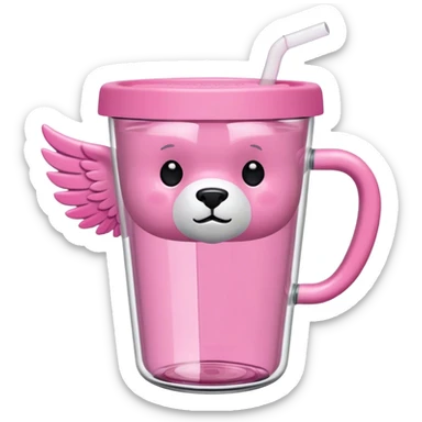 pink tumbler cup with handle, 34oz, with clear straw that has a bear symbol with wings and says stanley sticker