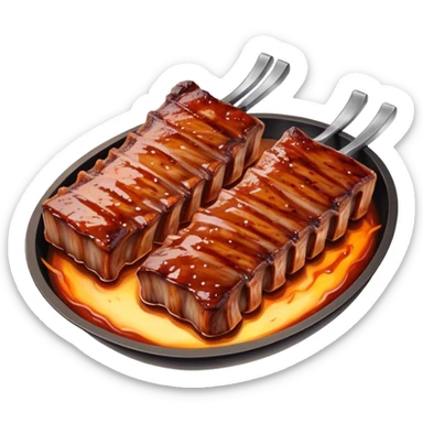 Cinematic juicy grilled ribs, glistening with smoky barbecue sauce, charred edges, tender meat falling off the bone, sizzling on a hot grill, mouthwatering and rich, warm and inviting, ultra-realistic and delicious. sticker