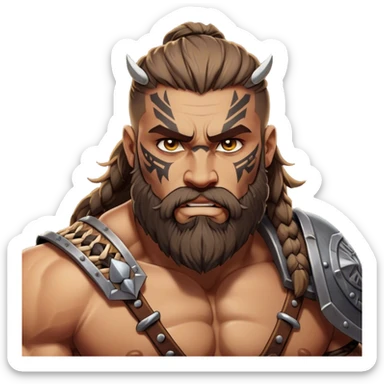 Clash of Clans aesthetic: Cinematic Rugged Barbarian Portrait Emoji, Intense and formidable with a heavily muscled physique, a rugged beard, piercing eyes and battle-worn armor adorned with tribal markings, his complexion a light tan that speaks of hard-fought battles, Simplified yet powerfully detailed features, highly detailed, glowing with a deep, primal energy, high shine, gritty and uncompromising, stylized with an air of raw, untamed power, focused and determined, soft glowing outline, capturing the essence of a barbarian warrior carved by countless battles and poised to lead his clan into epic conflict! sticker