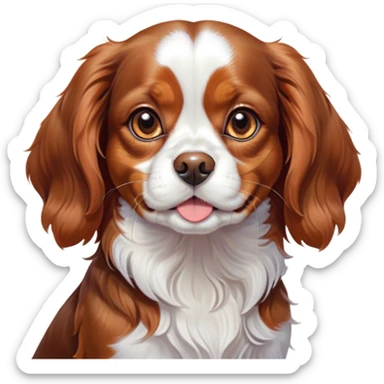 Cinematic Cute Blenheim Cavalier King Charles Spaniel Portrait Emoji, Head tilted playfully and inquisitively, silky Blenheim coat with warm chestnut and crisp white patches, round, sparkling brown eyes filled with curiosity, Simplified yet irresistibly adorable features, highly detailed, glowing with a warm, friendly glow, high shine, affectionate and lively, stylized with a touch of whimsy, bright and endearing, soft glowing outline, capturing the essence of a mischievous yet loving pup, so playful it feels like it could pounce out of the screen and into your arms! sticker