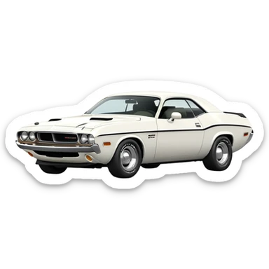 Precisely proportioned white 1971 Dodge Challenger, consistent 30-degree angle showing correct perspective of front and side, authentic muscle car structure, completely white exterior, iOS emoji style sticker