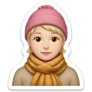Fantasy human portrait emoji, warm winter scarf around neck, cozy holiday mood, slightly rosy cheeks, simple clean design, no hat, readable emoji style, male/female variant
 sticker