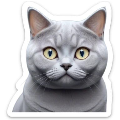 Cinematic Cute Bored Grey British Shorthair Cat Portrait Emoji, Head tilted slightly with a scrunched, bored expression, sleek soft grey fur with subtle blue undertones, Simplified yet adorable features, highly detailed, glowing with a soft, friendly glow, high shine, curious but clearly uninterested, stylized with a touch of whimsy, soft glowing outline, capturing the essence of a bored yet irresistibly cute kitty, so endearing it feels like it could tilt its head and let out a dramatic sigh at any moment! sticker