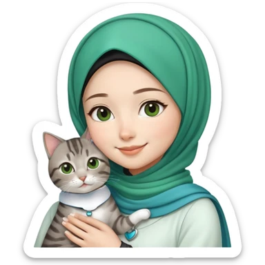 Asian White girl wearing cute green hijab wearing white dress holding a black grey tabby cat while smiling. The cat is wearing a blue collar sticker