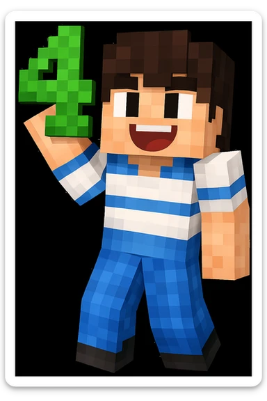 Add the number 4 held in the character's hand, keeping the original Minecraft cartoon style and pose exactly the same, only add the number 4 without changing anything else. sticker