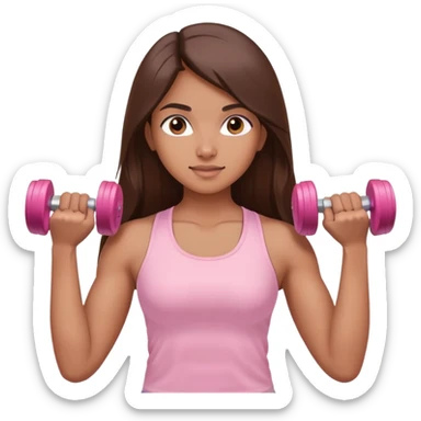 a north-east indian girl with long brown hair wearing a soft pink gym top lifting dumbbells with her hands sticker