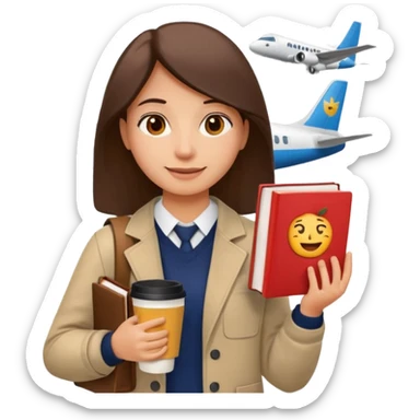 Create two emoji characters.

Left: a stressed student preparing for IELTS, holding books and coffee, tired face, exam stress.

Right: a happy confident student after IELTS, traveling abroad, airplane, university, freedom, smiling.

Style: Apple emoji, clean, simple, white background. sticker