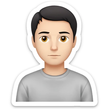 Avatar masculino tranquilo: piel clara, ojos marrón dorado, pelo negro corto. Leve sonrisa. Sudadera gris, camiseta blanca. Fondo blanco.

Emojis: 🧑‍🦱👤😊👀✨🖤🧥👕⚪灰色

Sticker con Lentes:

Mismo avatar con gafas de lectura cuadradas negras. Aire intelectual.

Emojis: 🧑‍🦱👤😊<0xF0><0x9F><0xA5><0xB3>👀🖤🧥👕⚪灰色⚫ sticker