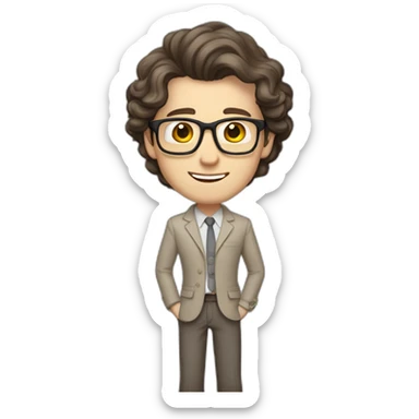 Joyful Full height Pale skinned Fit Man With dark brown hair in gray jacket, beige office shirt, Brown pants and vintage glasses. His thrumbs up sticker