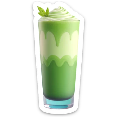3D realistic iced matcha latte in a tall glass, visible ice, creamy green layers, photorealistic style sticker
