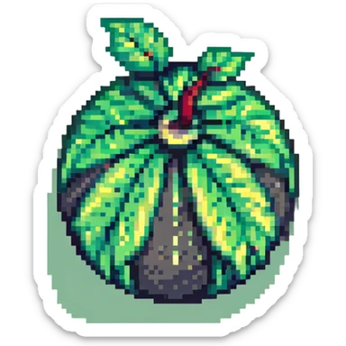 Green digital bomb animation frame 1, round bomb body with green highlights, full-length leaf-shaped fuse at top, nature-inspired design, pixel art style sticker