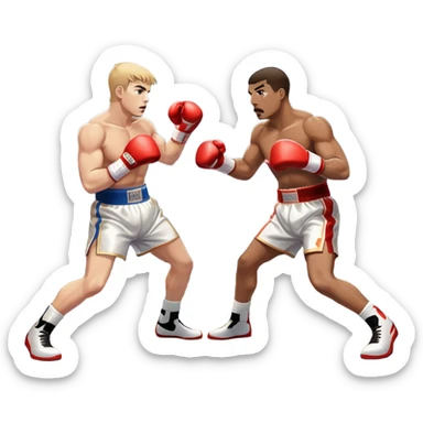 Two professional boxers in the ring fighting for the world championship title. One delivers a powerful straight punch to the head, while the other skillfully dodges. The background shows a brightly lit boxing arena with a roaring crowd. Transparent background sticker