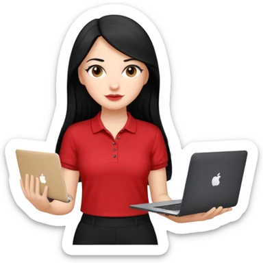 Gere um emoj estilo IOS de uma garota branca, de longos cabelos pretos vestida com um uniforme composto por uma blusa gola Polo vermelha e uma calça pantalona preta. Ela deve segurar em uma das maos um mackbook sticker