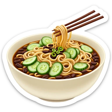 Beijing Zhajiang noodles with dark bean sauce and cucumber toppings, simplified emoji style with bold outlines and bright colors, cartoon style northern Chinese noodle dish sticker