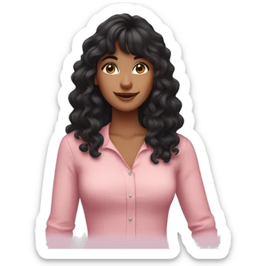 woman with long black curly hair and bangs and dark brown eyes, wearing a pastel pink blouse sticker
