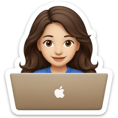 Cute female developer style sitting in front of laptop. No glasses, smiling with long hair waves. Light skin tone in early 20s. One black hair laptop sticker