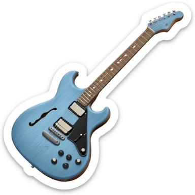 A gray-blue electric guitar with a black pick guard and only one volume knob  sticker