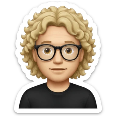 Crie um zumbi estilo emoji do iPhone com cabelo ondulado grande masculino com camiseta preta e óculos de grau preto sticker