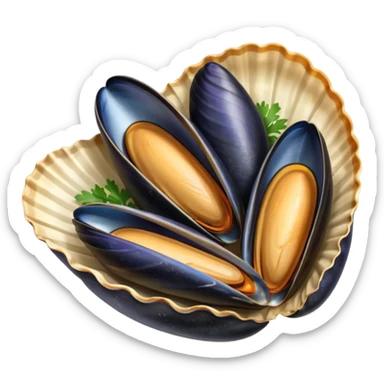mussels, open shell with visible meat sticker
