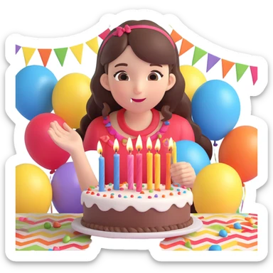 brunette girl blowing out candles on a birthday cake, joyful, party decorations sticker