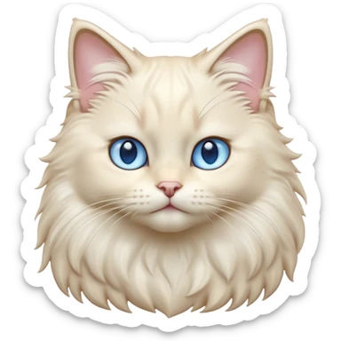 Cinematic Adorable Fluffy Cream Ragdoll Cat Portrait Emoji, Head tilted gracefully with soft, sparkling blue eyes, silky cream-colored fur with subtle darker points on the ears, face, and paws, Simplified yet noble features, highly detailed, glowing with a warm and gentle radiance, high shine, affectionate and poised, stylized with an air of elegance, bright and endearing, soft glowing outline, capturing the essence of a majestic and loving kitty, so dignified it feels like it could spring into action at any moment with grace! sticker