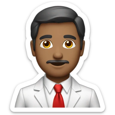 Generate an Indian man with white suite and red tie with black bag sticker