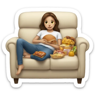 Girl with brown hair laying on couch with a food baby sticker